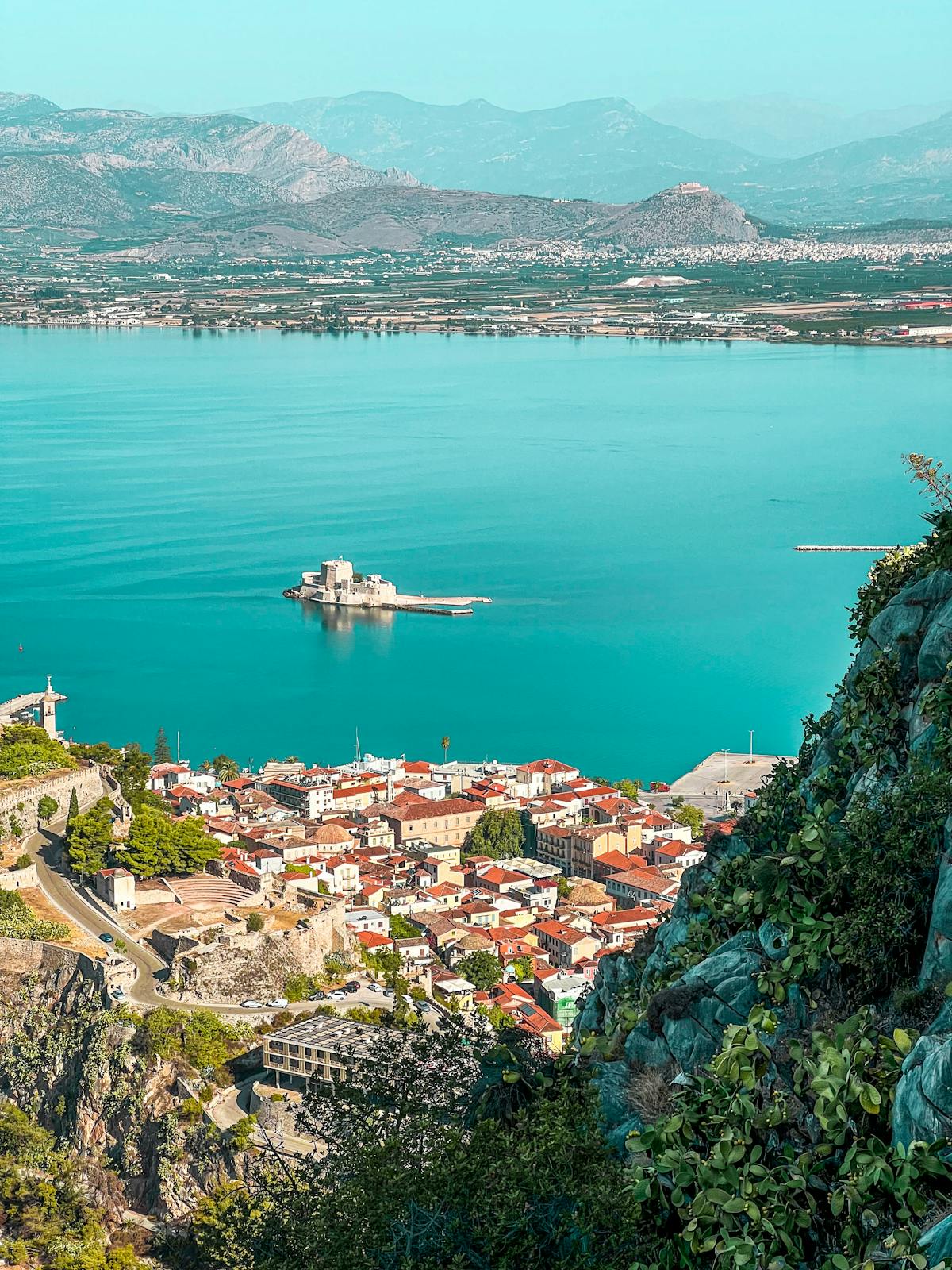 Aerial view of Nafplio showing the Bourtzi fortress and the coastal town layout