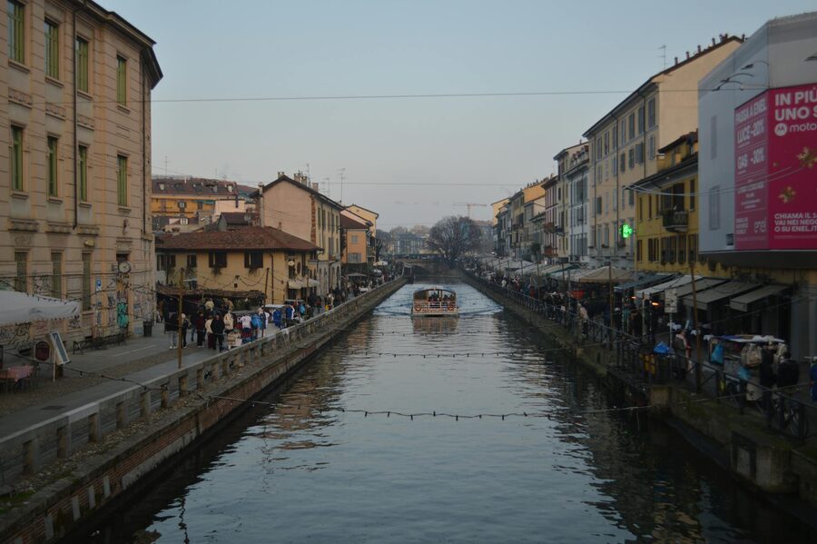 Navigli canal at dusk in Milan