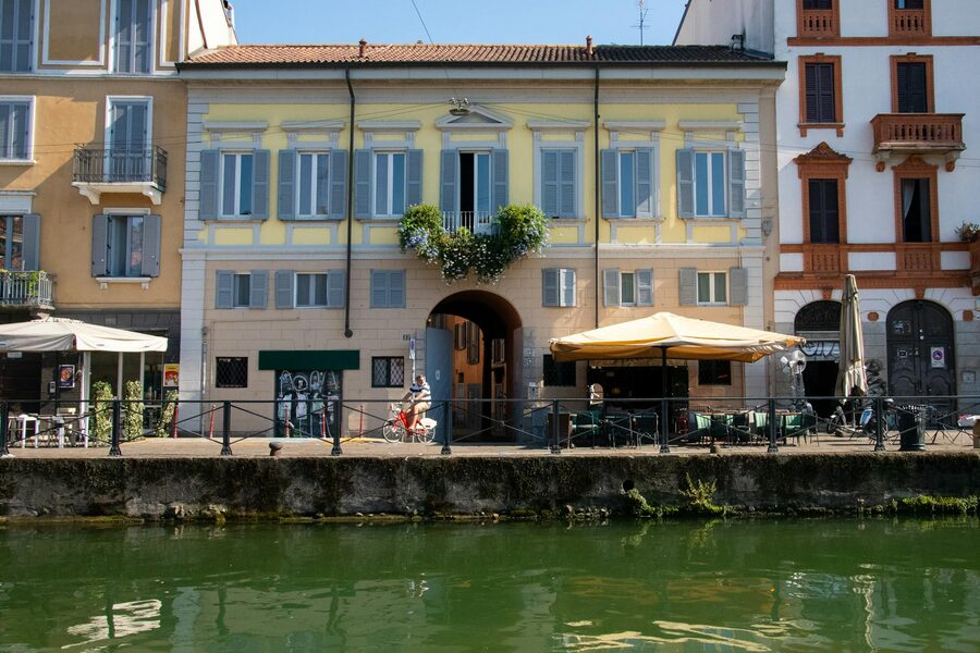 Navigli Milan canal with buildings and cafes