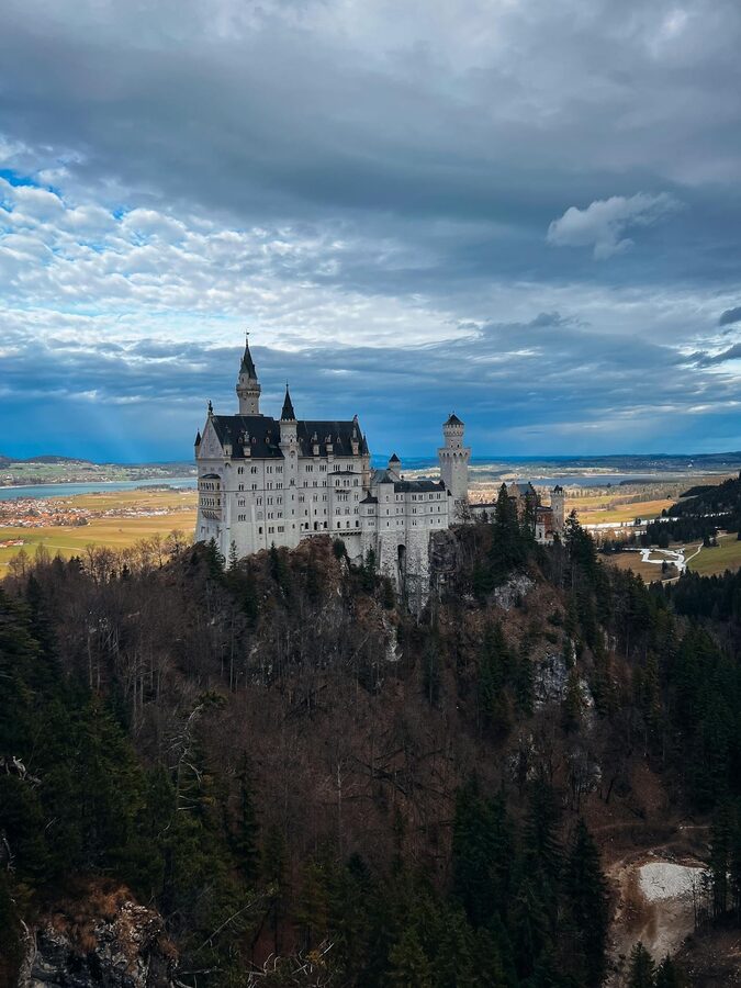 Aerial view of Neuschwanstein Castle and Bavarian landscape