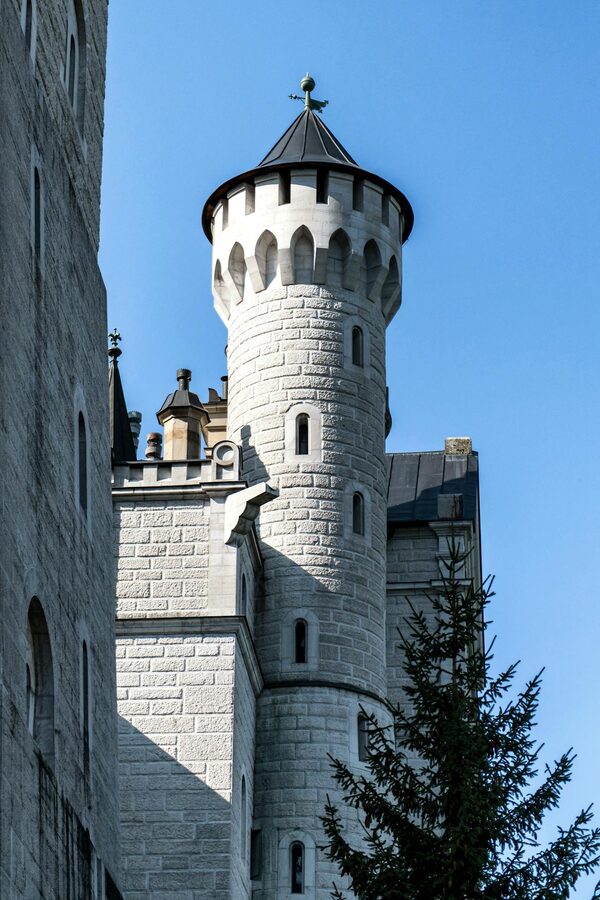 Close-up of Neuschwanstein Castle iconic tower in Bavaria