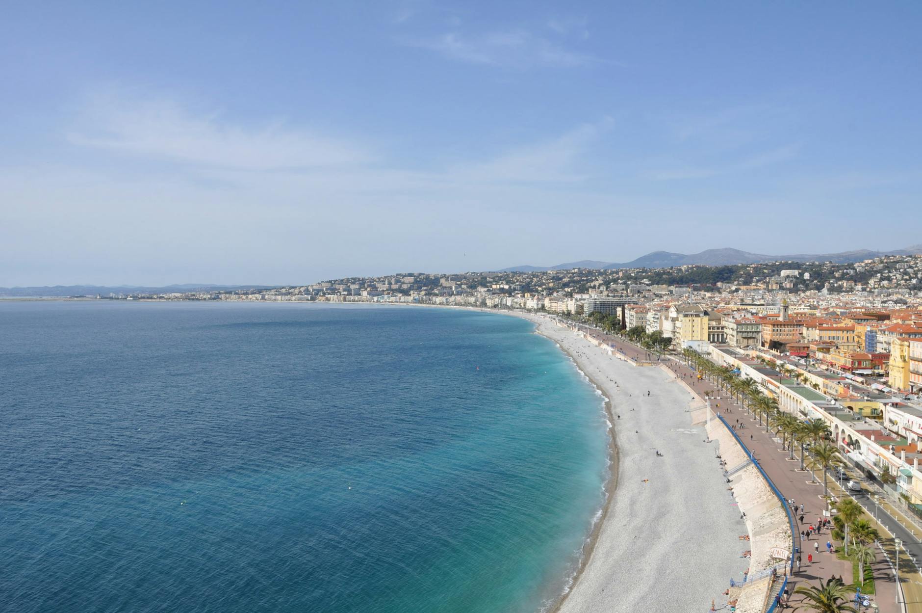 Aerial view of Nice beachfront and Promenade des Anglais along the French Riviera