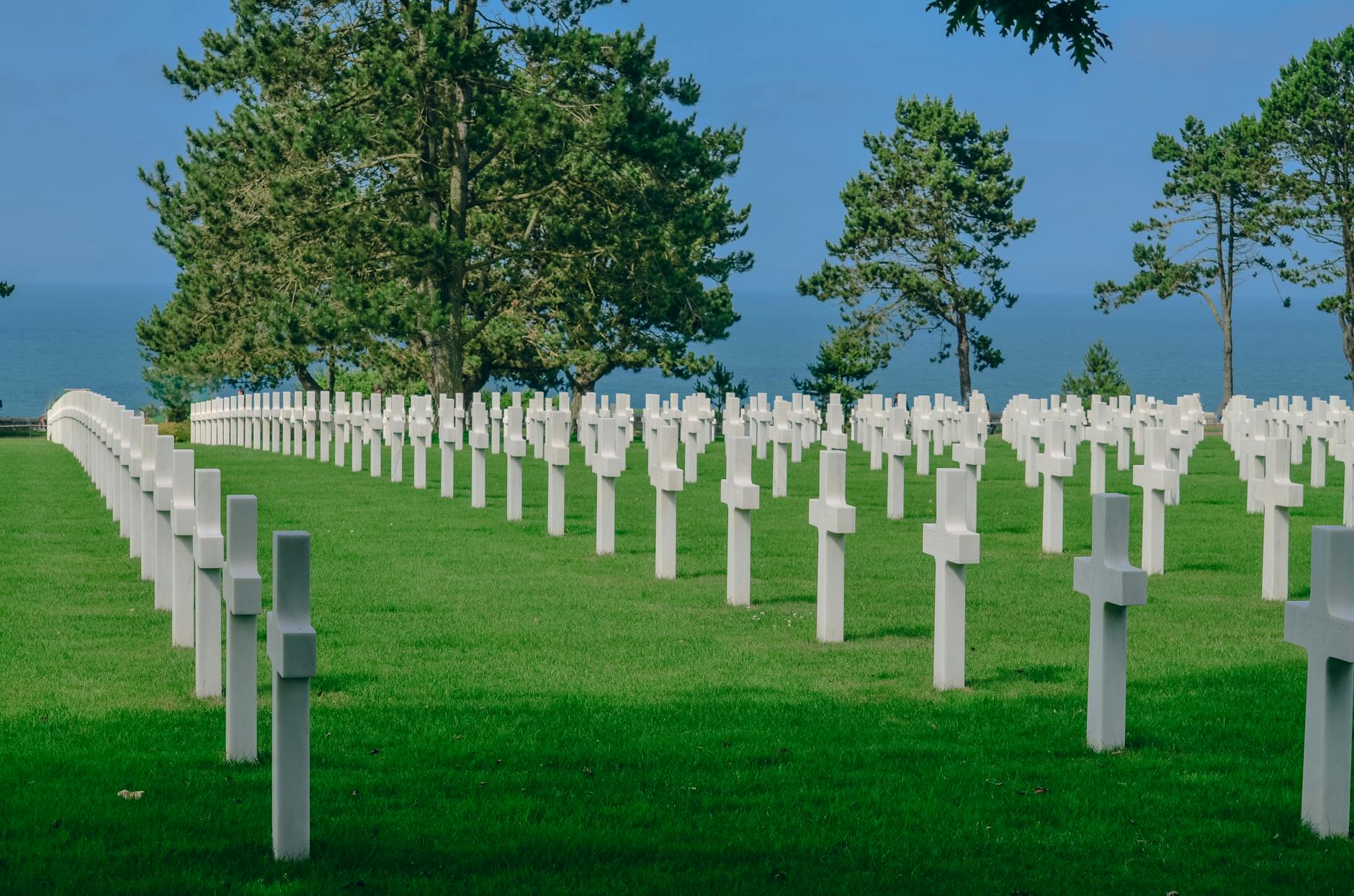 Rows of white marble crosses at the Normandy American Cemetery forming geometric lines under the sky