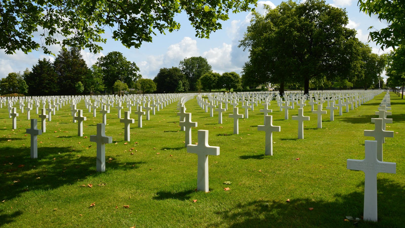 Peaceful cemetery landscape with rows of white crosses under a sunny sky in Normandy