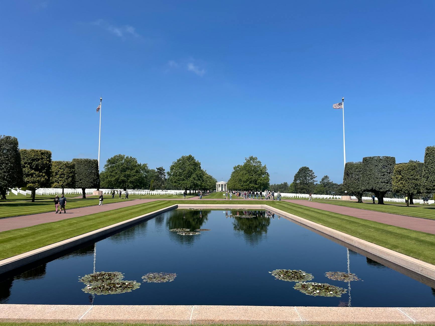 Serene pond at the Normandy American Cemetery in Colleville-sur-Mer