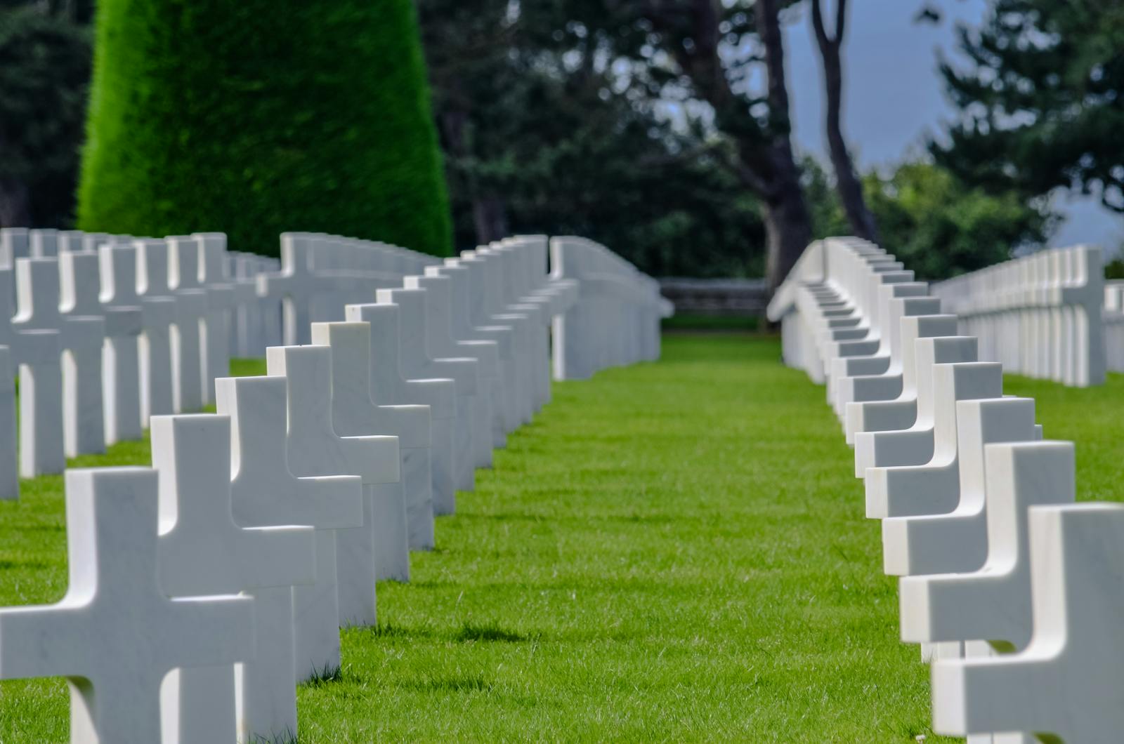 Rows of white crosses in the serene military cemetery honoring WWII soldiers in Normandy