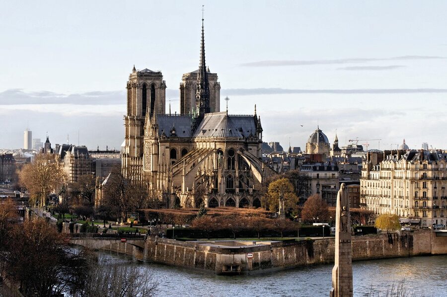 Aerial view of Notre Dame Cathedral and Seine River Paris