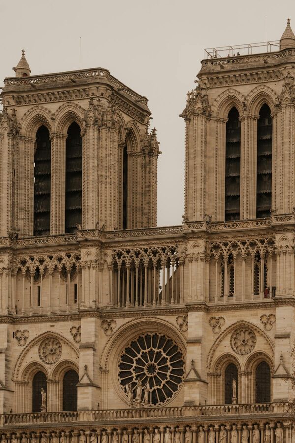 Detailed view of Notre Dame Cathedral gothic facade in Paris