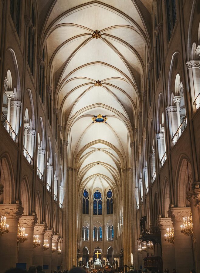 Gothic vaulted ceiling inside Notre Dame Cathedral Paris
