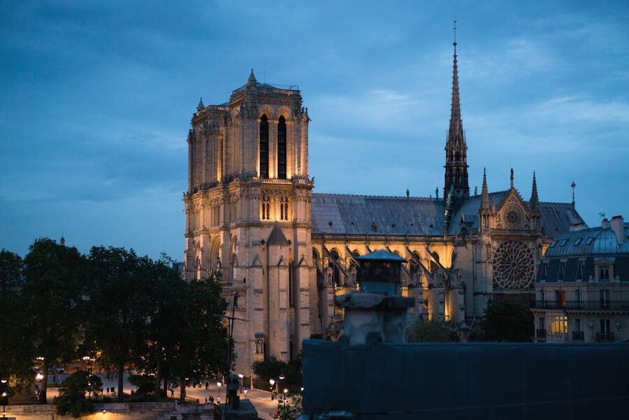 Notre Dame Cathedral illuminated at night in Paris
