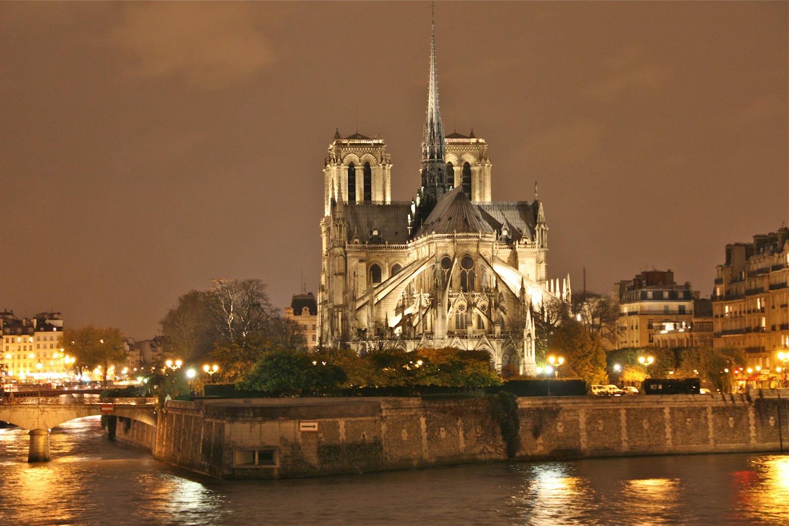 Illuminated Notre-Dame Cathedral at night in Paris