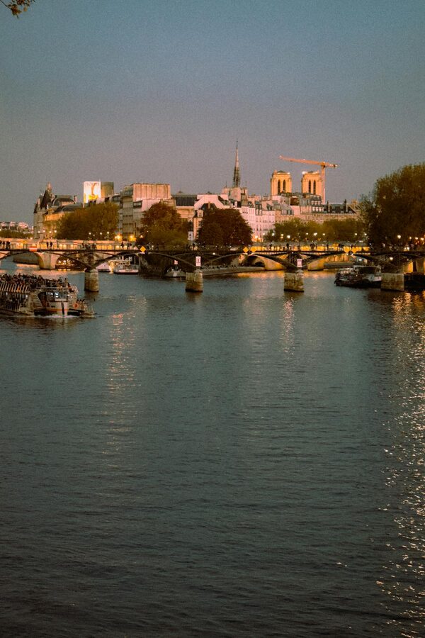 Notre Dame Cathedral and Seine River at twilight in Paris