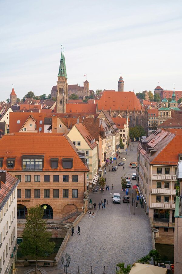 Aerial view of Nuremberg's historic buildings with red roofs