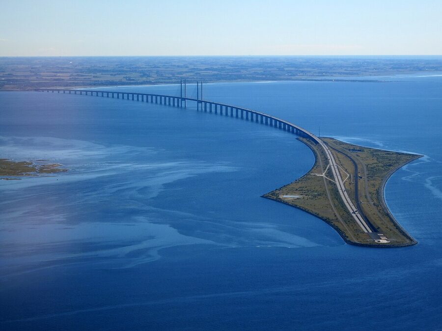 Aerial view of the Øresund Bridge stretching across the water connecting Copenhagen Denmark to Malmö Sweden