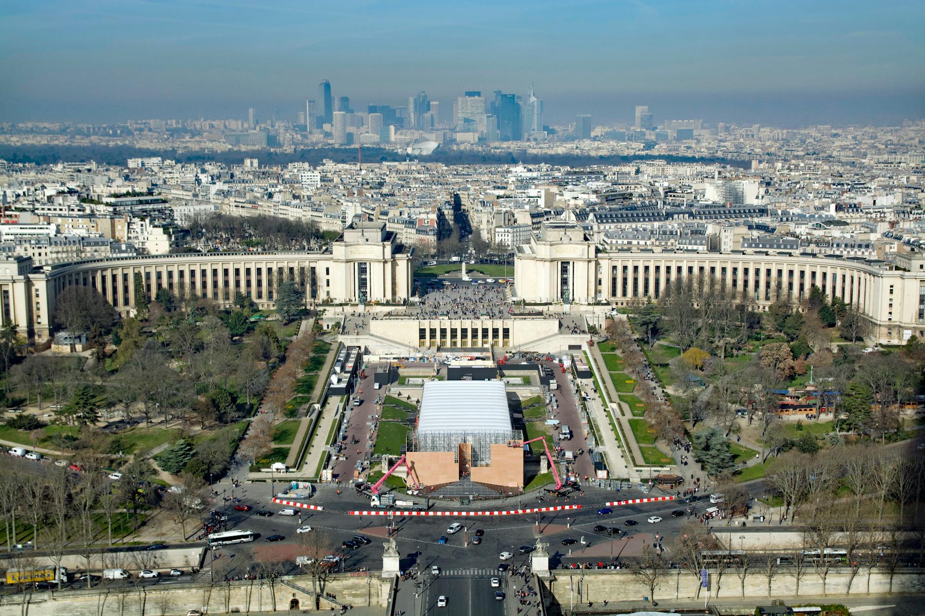 Aerial view of the Palais de Chaillot plaza and fountains looking toward the Eiffel Tower across the Seine