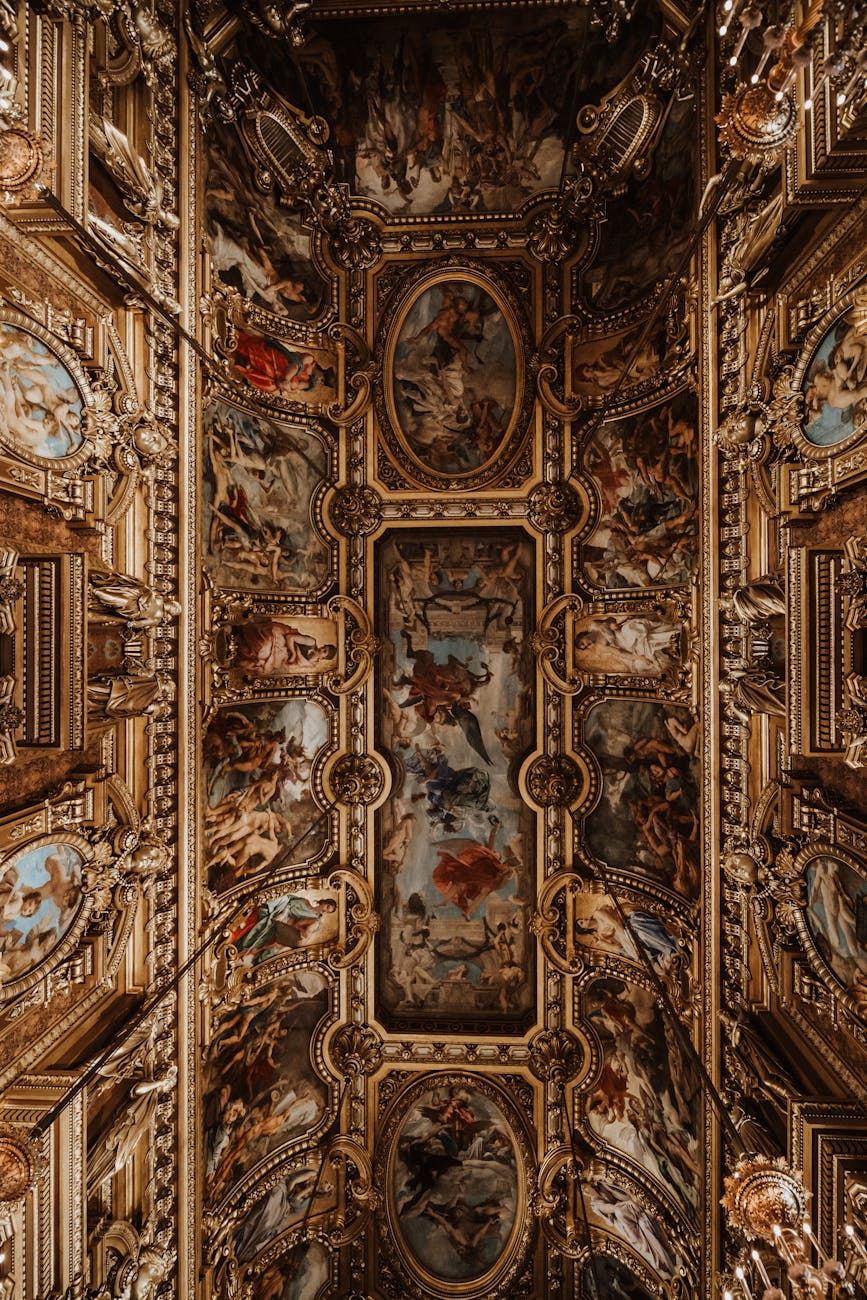 Baroque ceiling artwork at Palais Garnier showing ornate decorative painting