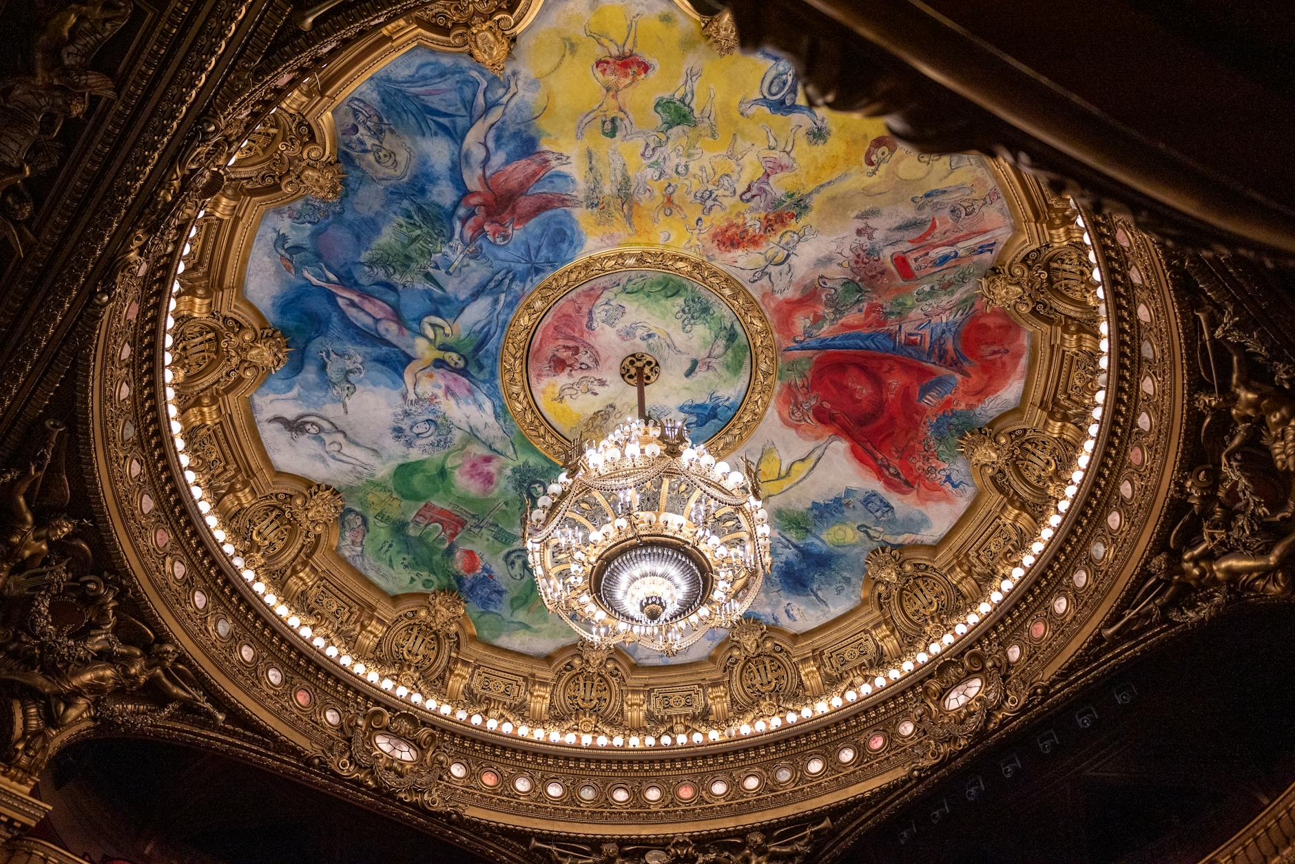 Palais Garnier fresco and chandelier in neo-baroque interior setting