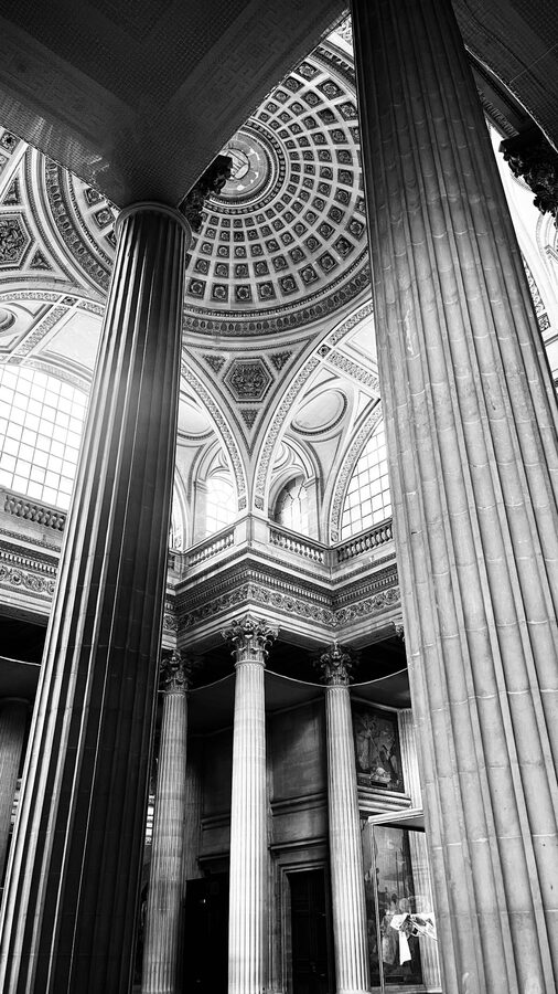 Neoclassical interior of the Pantheon in Paris with columns