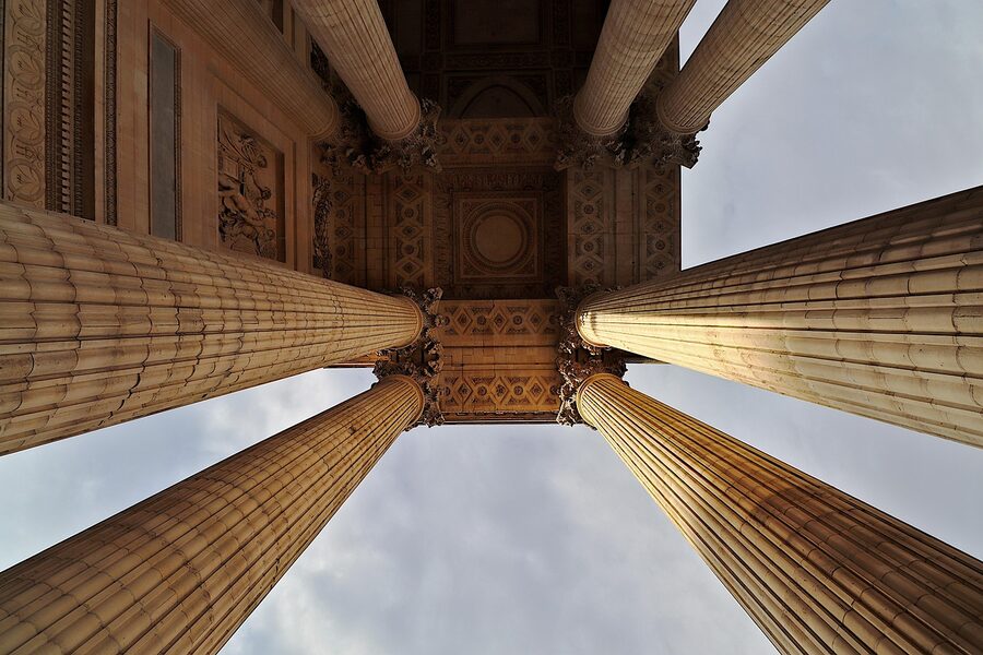 Neoclassical front entrance of the Pantheon in Paris
