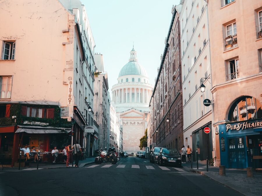 Charming Parisian street leading to the Pantheon dome