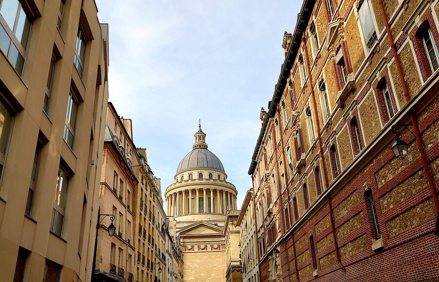 Pantheon street in morning light with classical buildings Paris