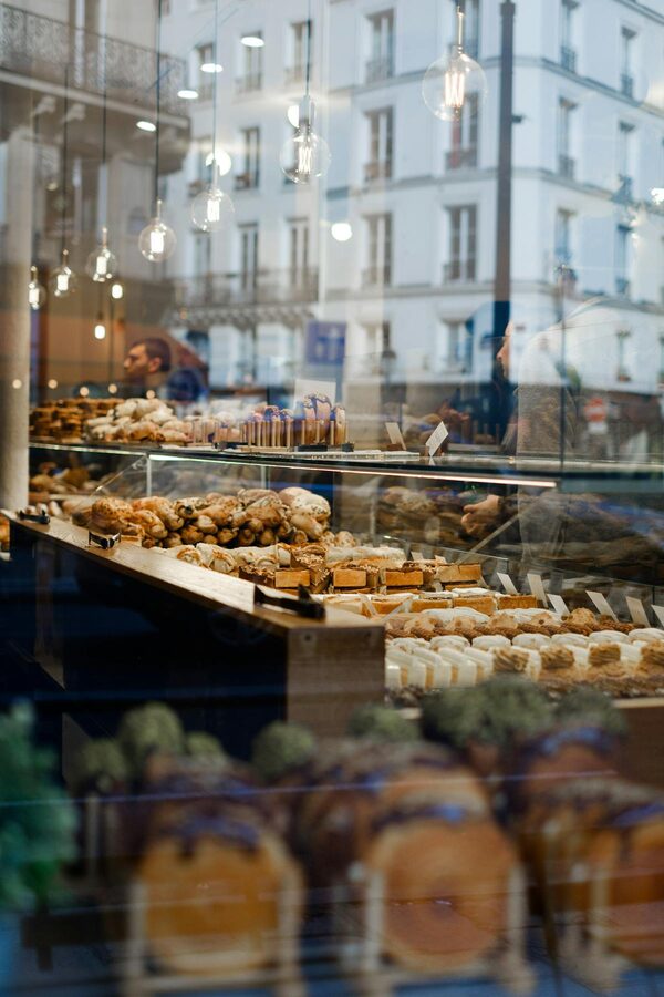 Paris bakery window with assorted breads on display