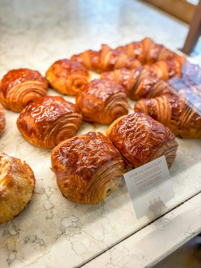 Fresh pastries on display in a Parisian bakery