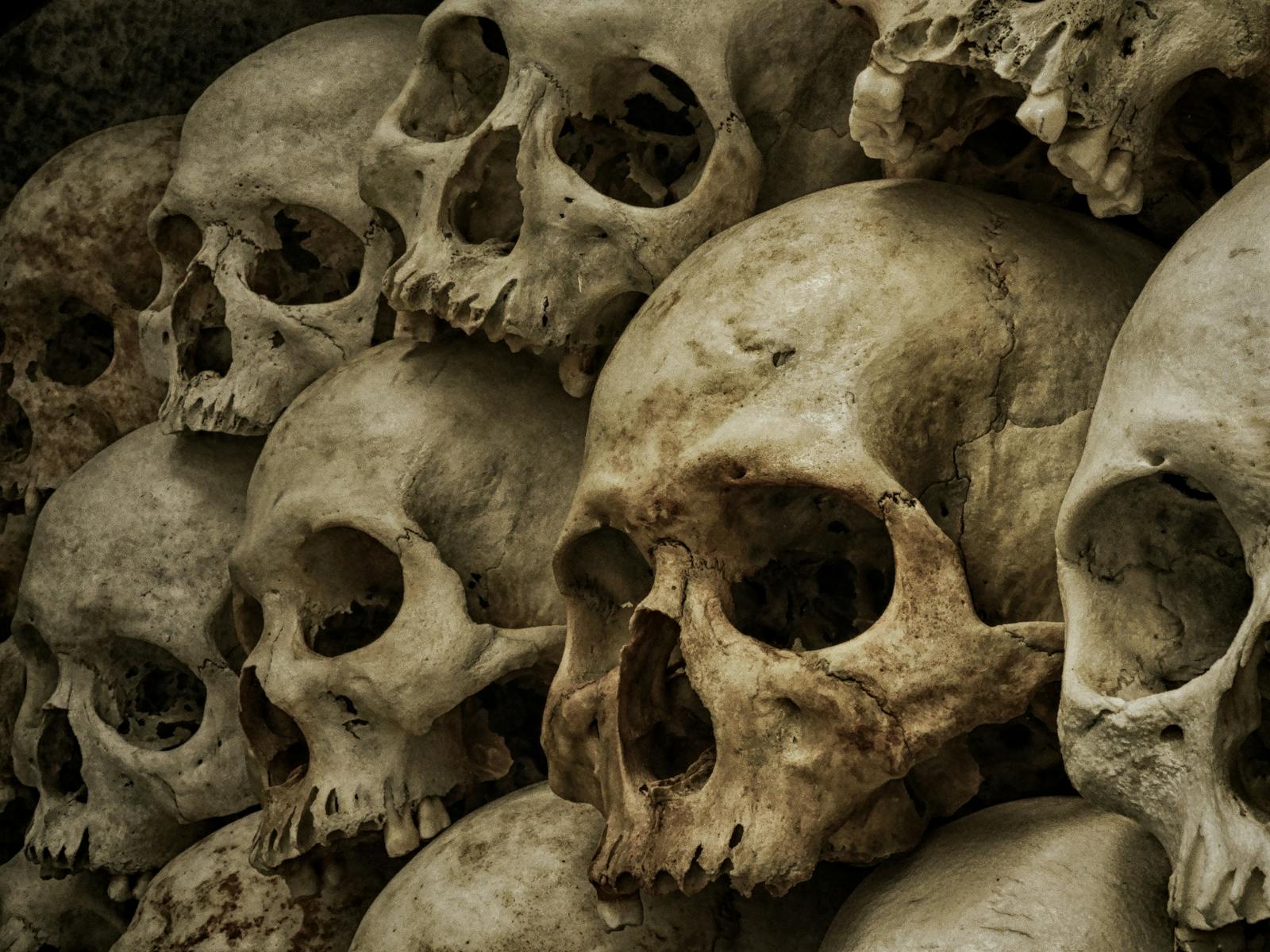 Haunting display of skulls arranged along the walls of the Paris Catacombs