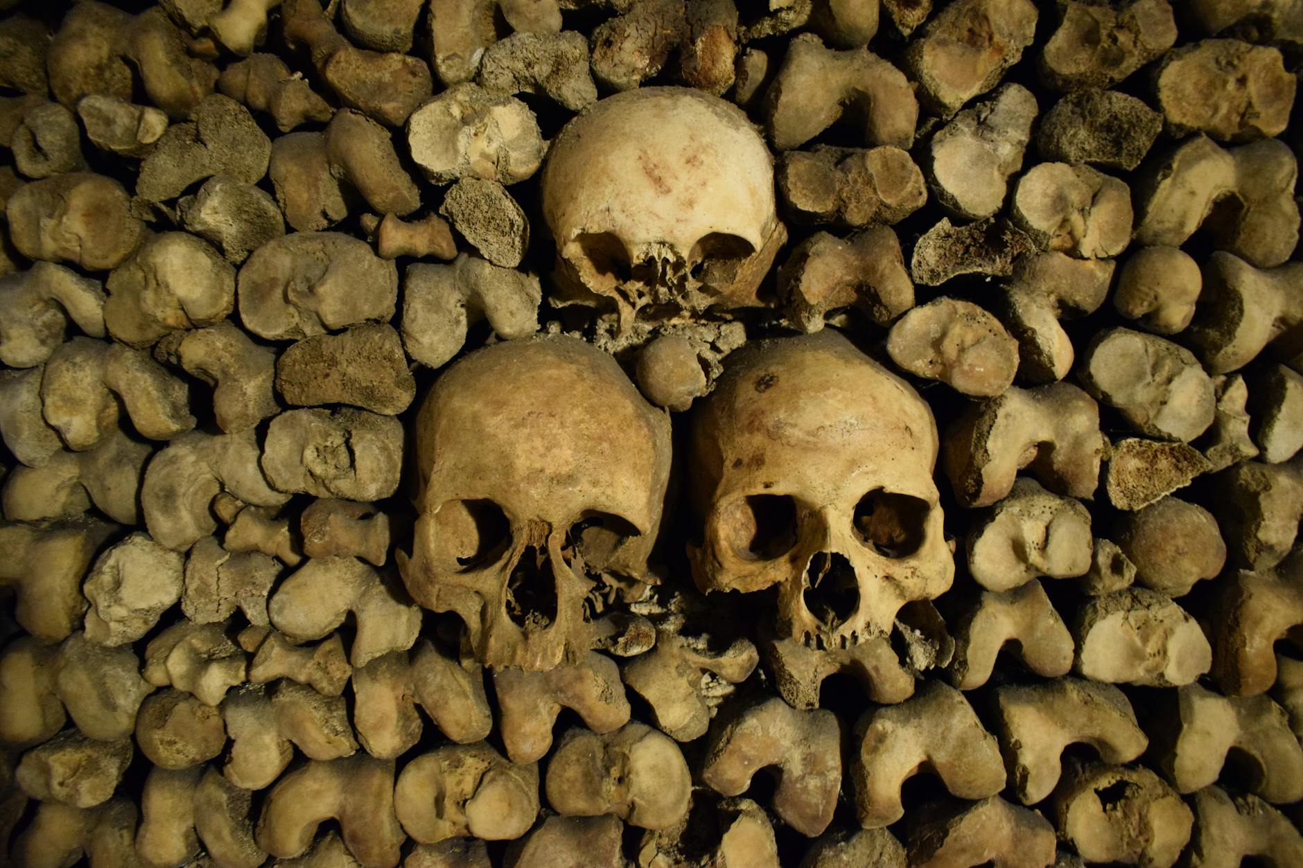 Paris Catacombs skulls and bones stacked in the tunnels