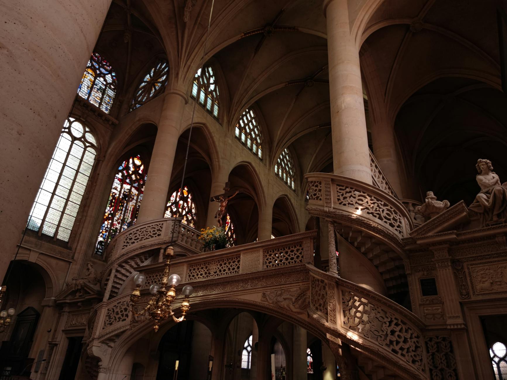 Paris church Gothic interior with stained glass