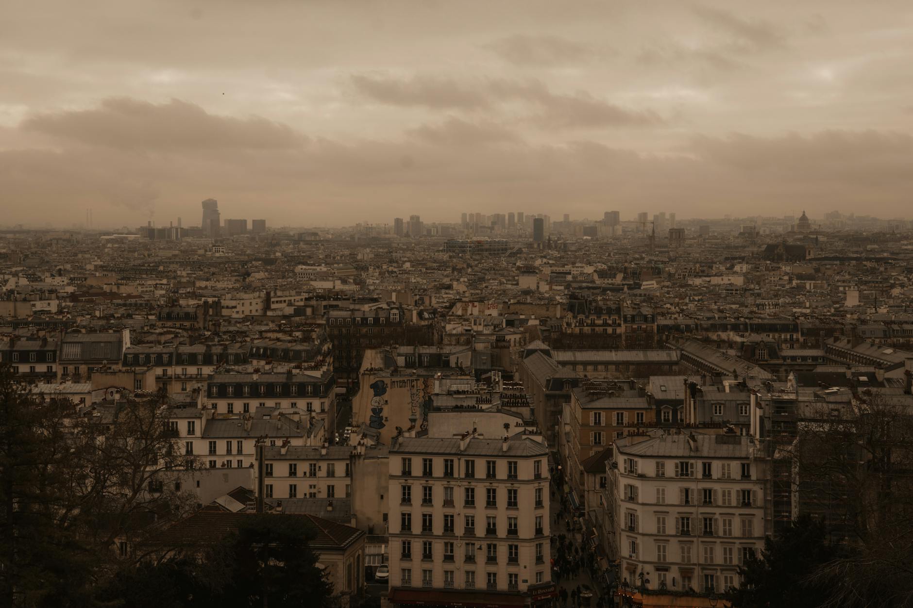 Paris cityscape and rooftops in moody light