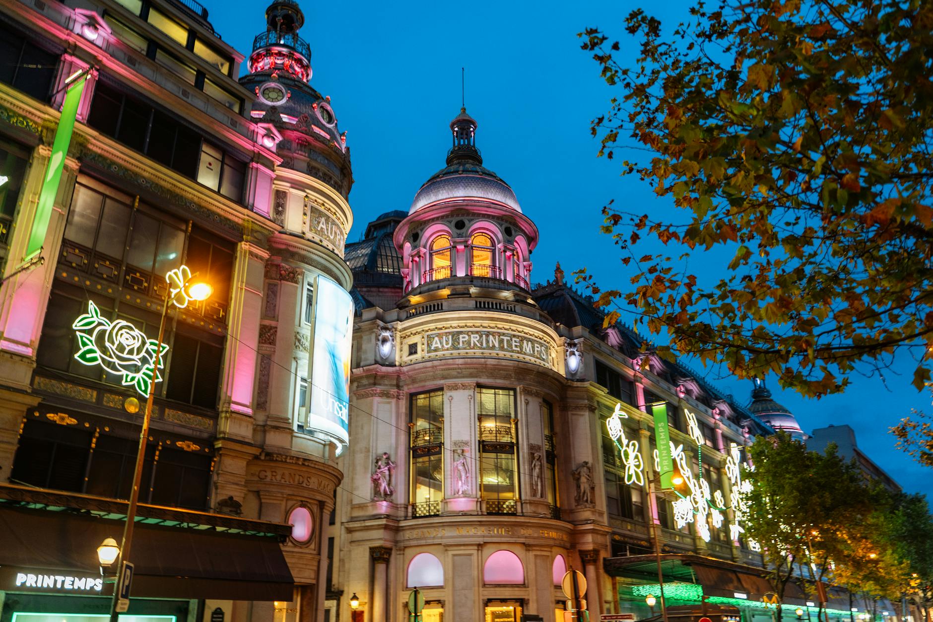 Illuminated Haussmann architecture in Paris at night
