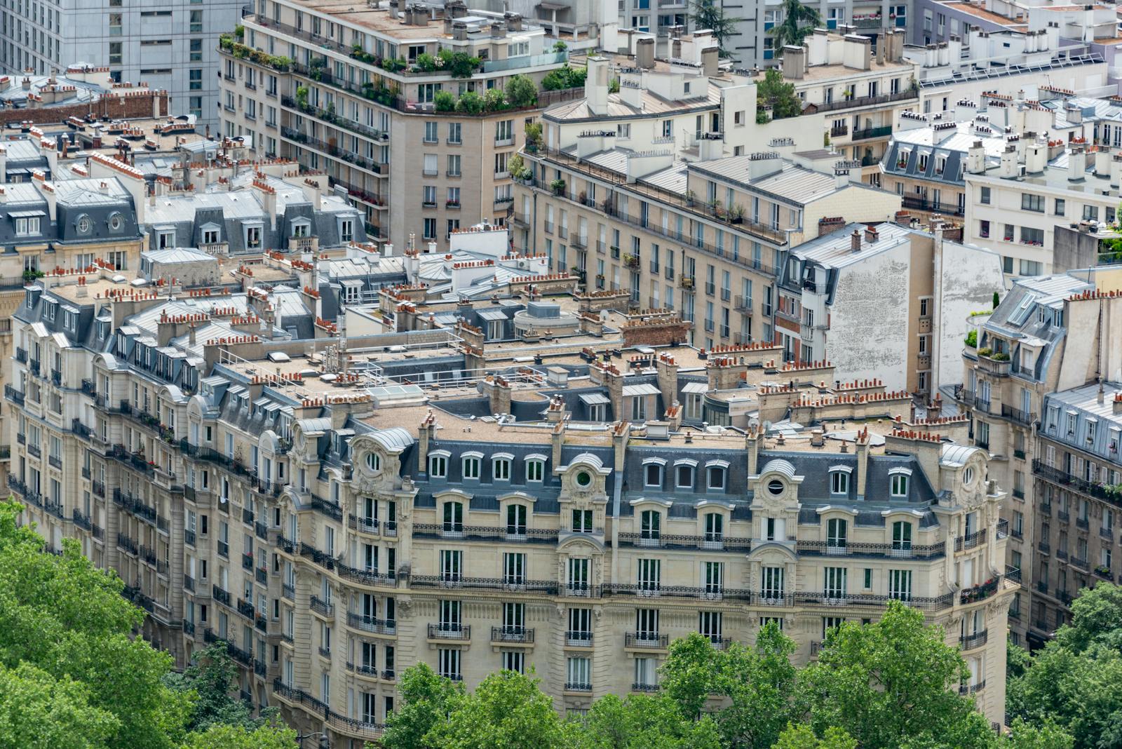 Classic Haussmann rooftops and facades in central Paris