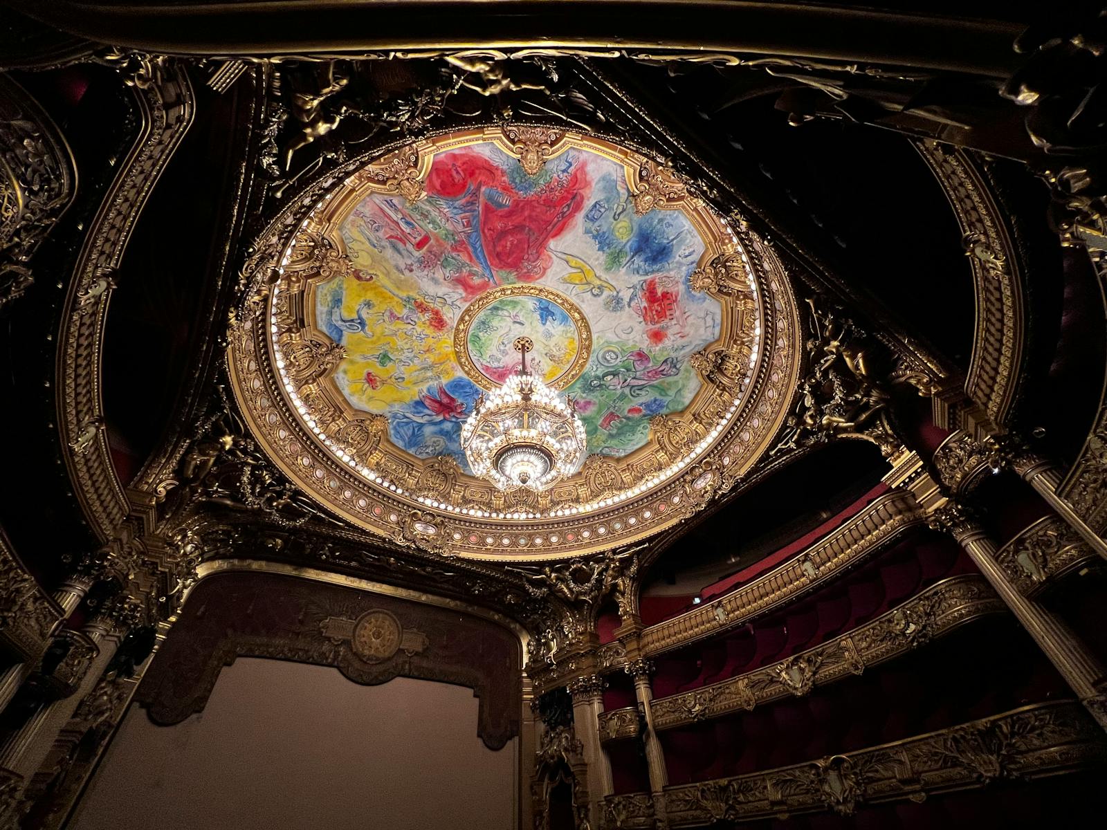 Ornate ceiling artwork and central chandelier inside the Paris Opera House auditorium