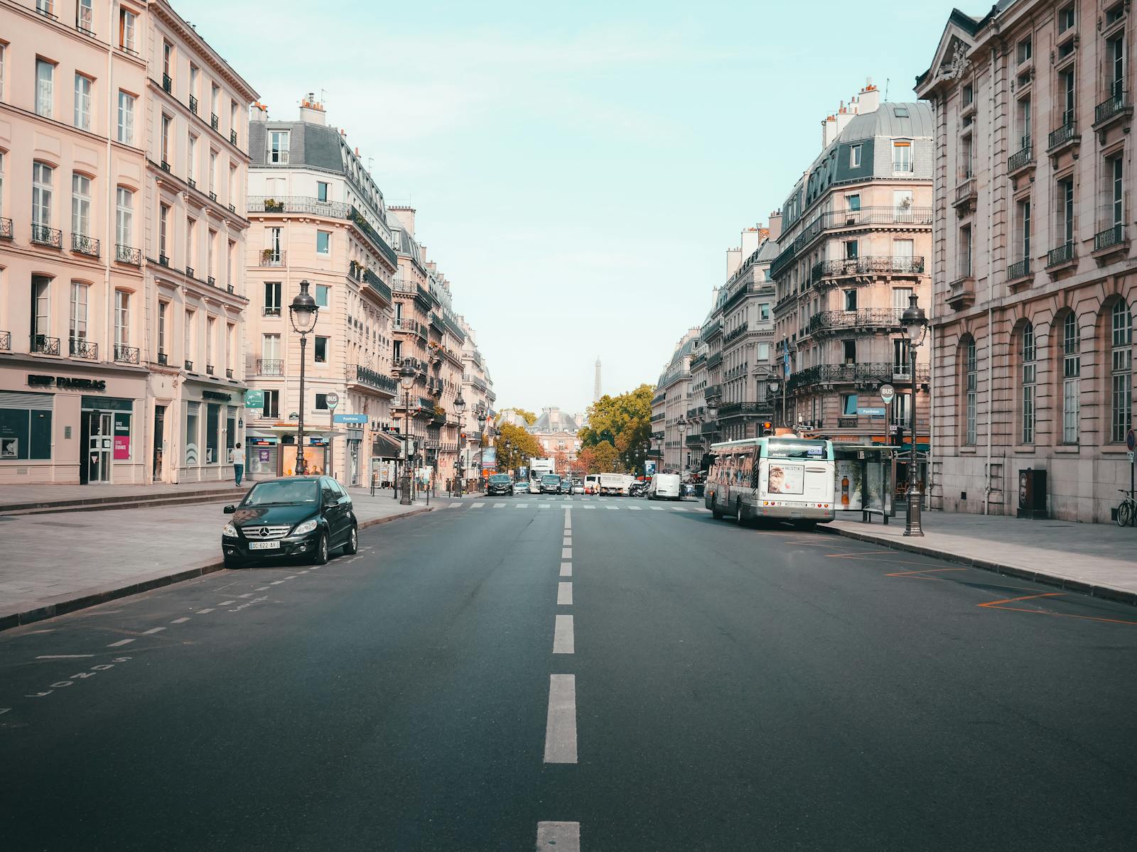 Classic Parisian street lined with elegant Haussmann architecture