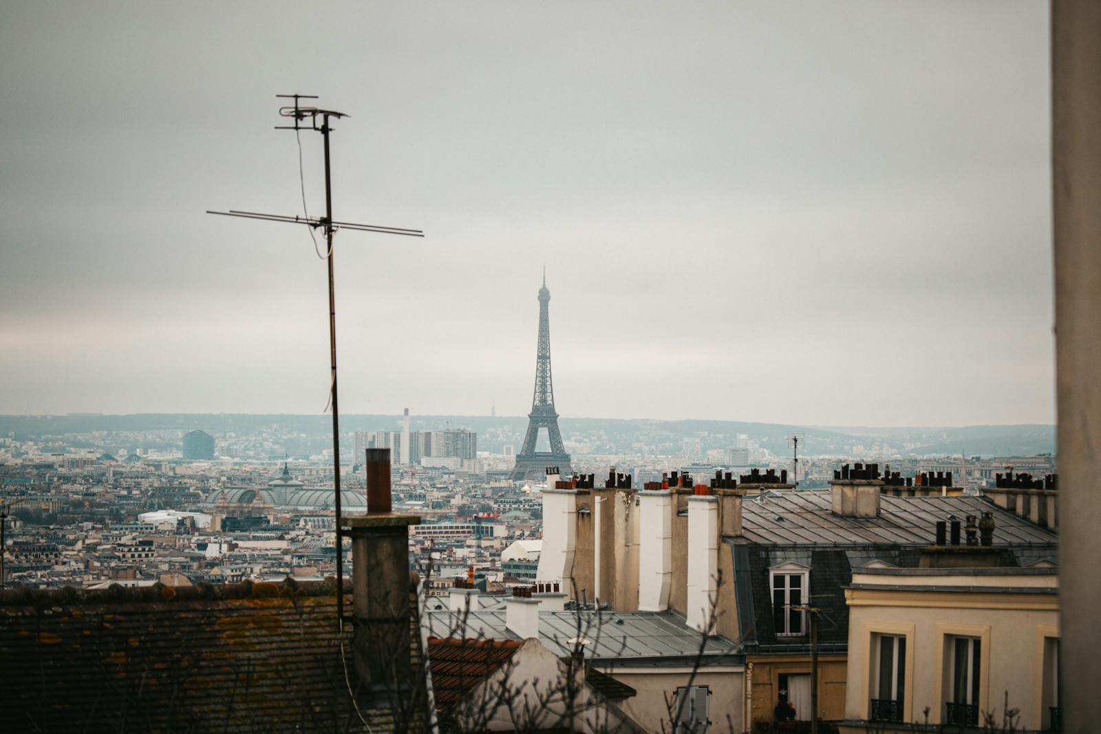 Panoramic view of the Paris skyline featuring the Eiffel Tower and iconic rooftops
