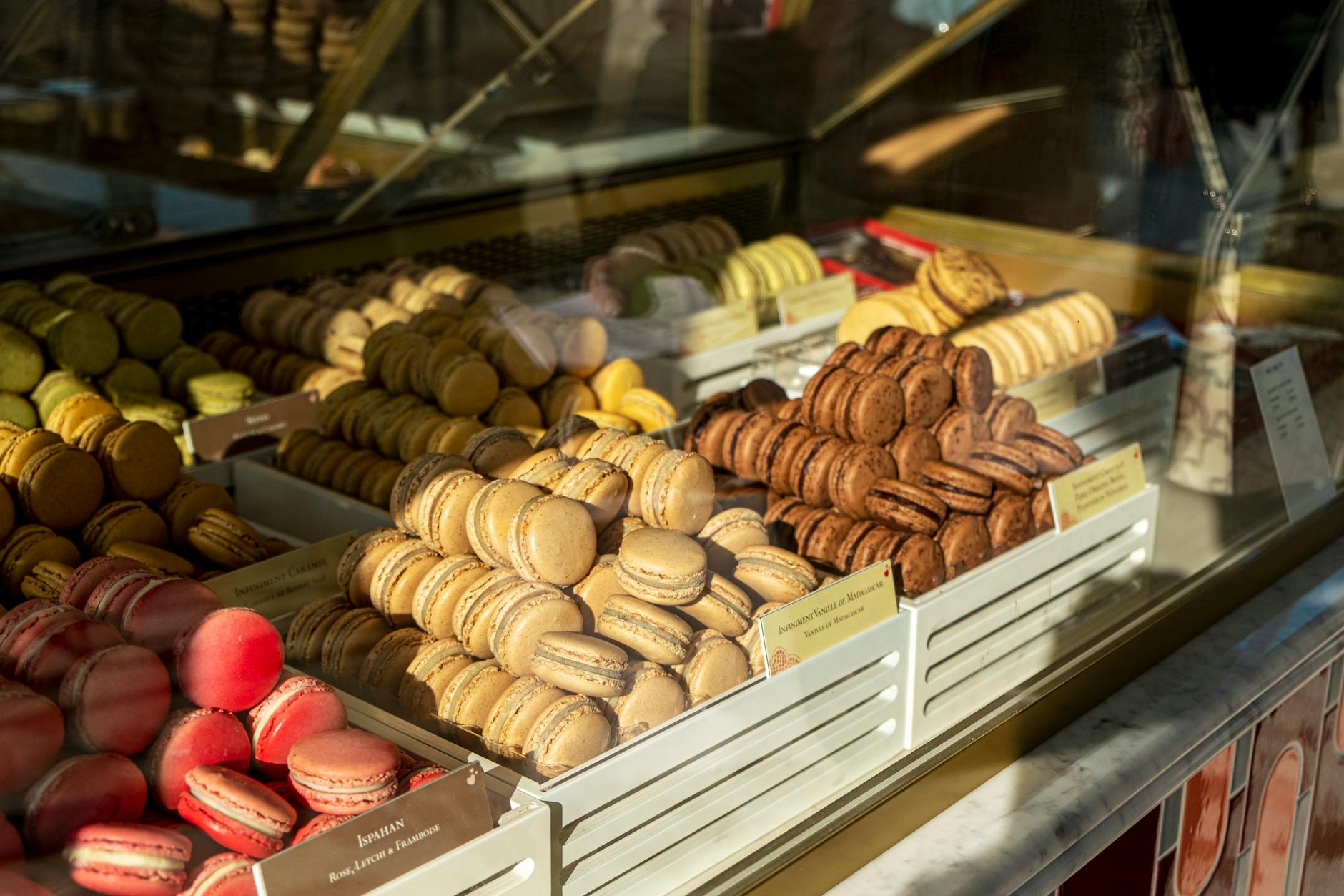 Paris storefront with colourful assortment of macarons