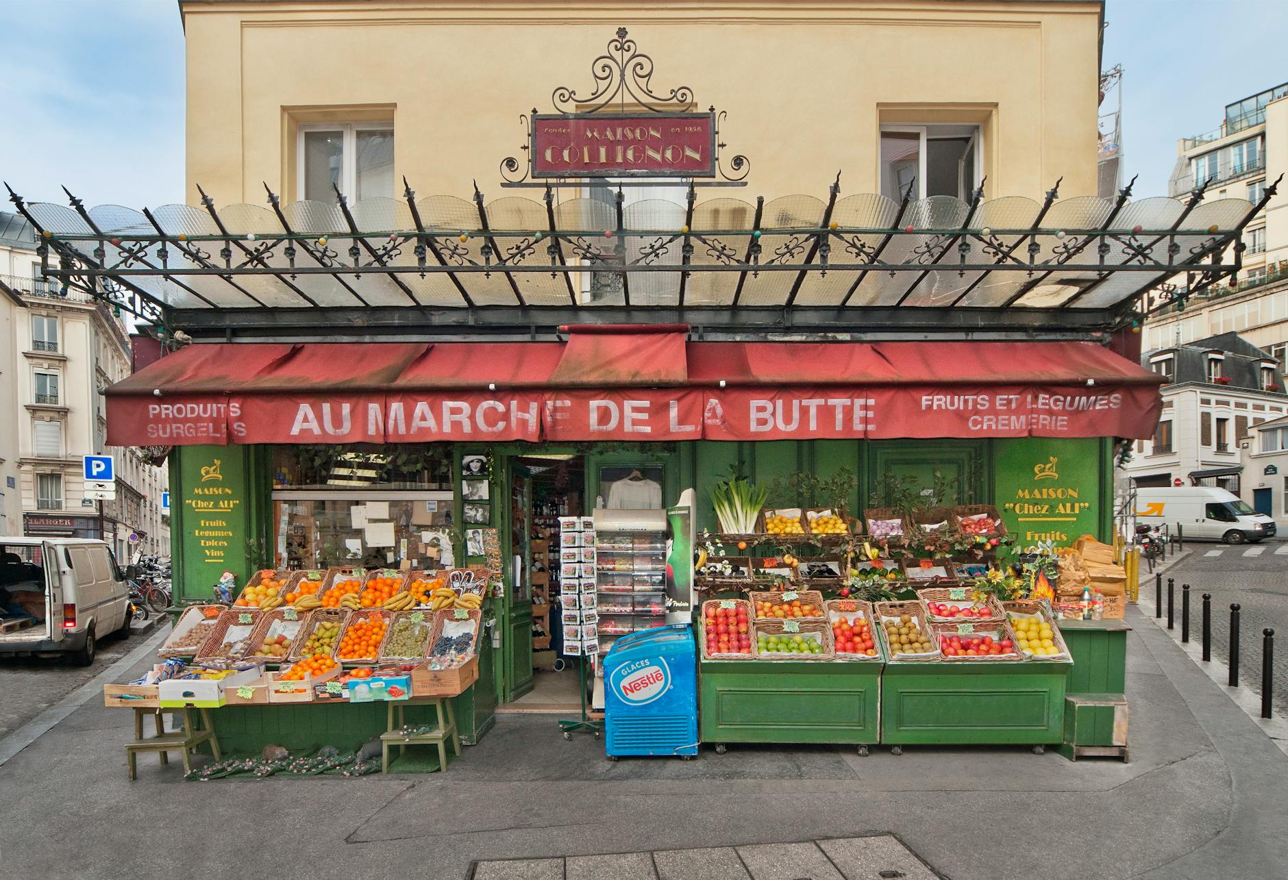 Paris street market with fresh produce at Maison Collignon in Montmartre