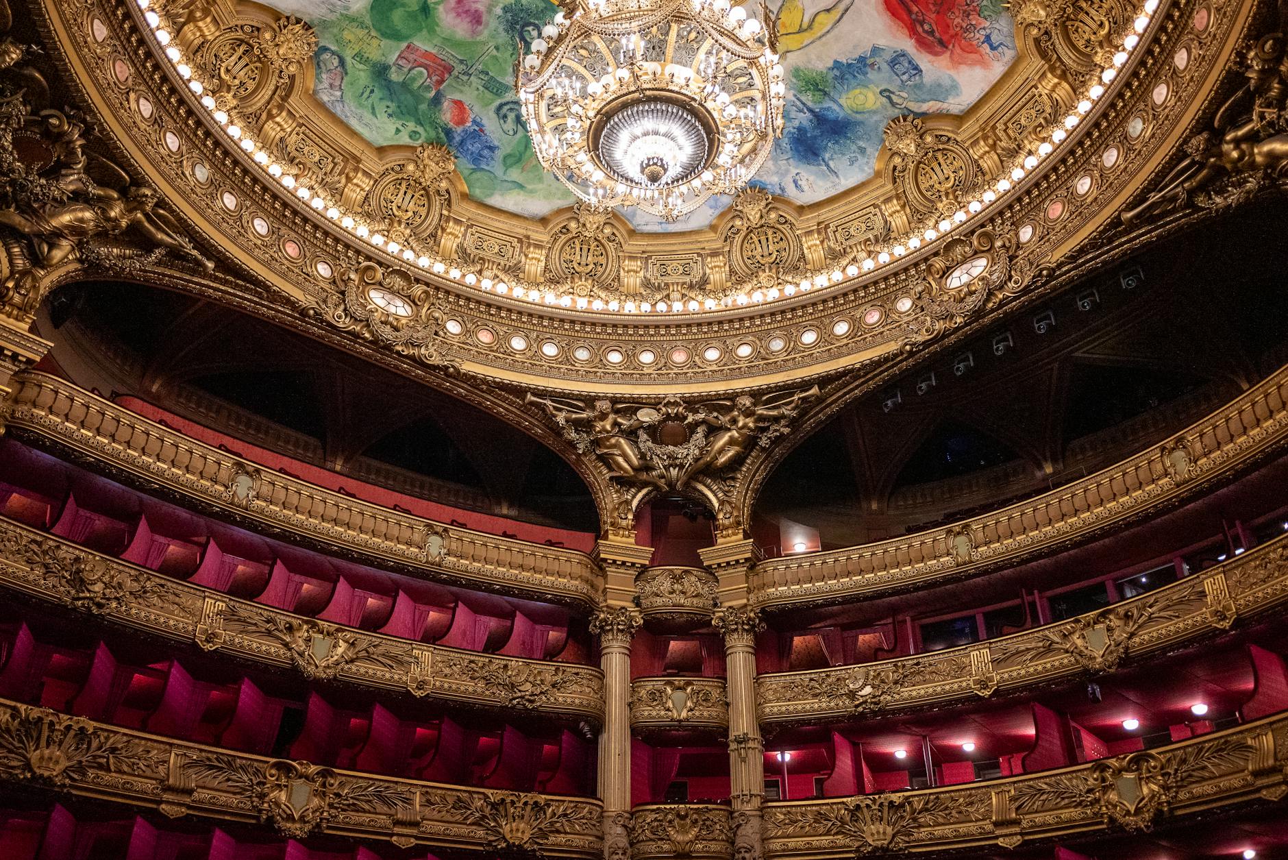 Luxurious theater interior with gold chandelier at Palais Garnier