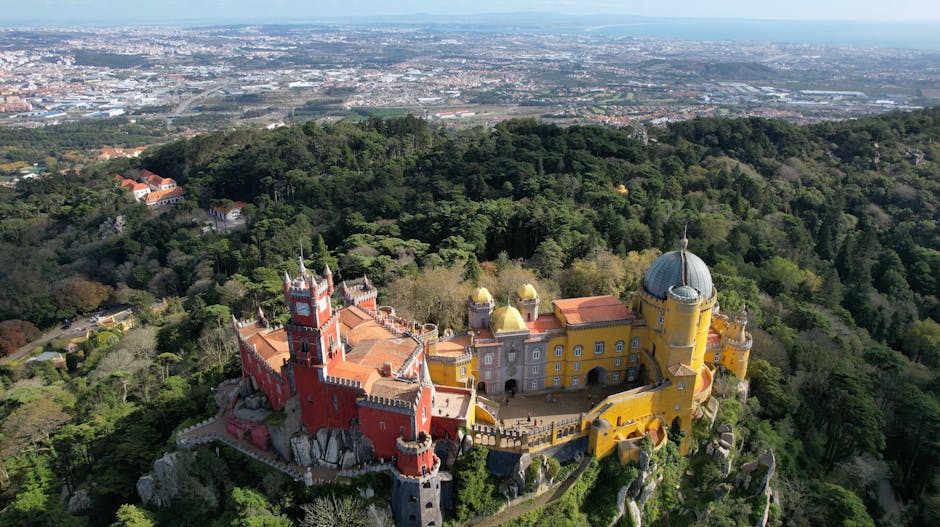 Panoramic view from Pena Palace terrace overlooking the surrounding forest