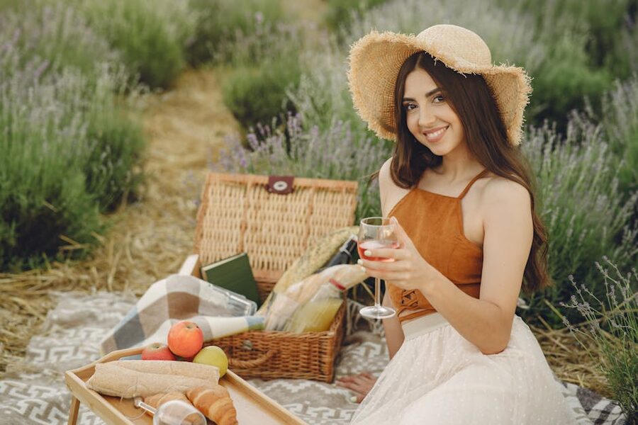 Picnic with wine in countryside