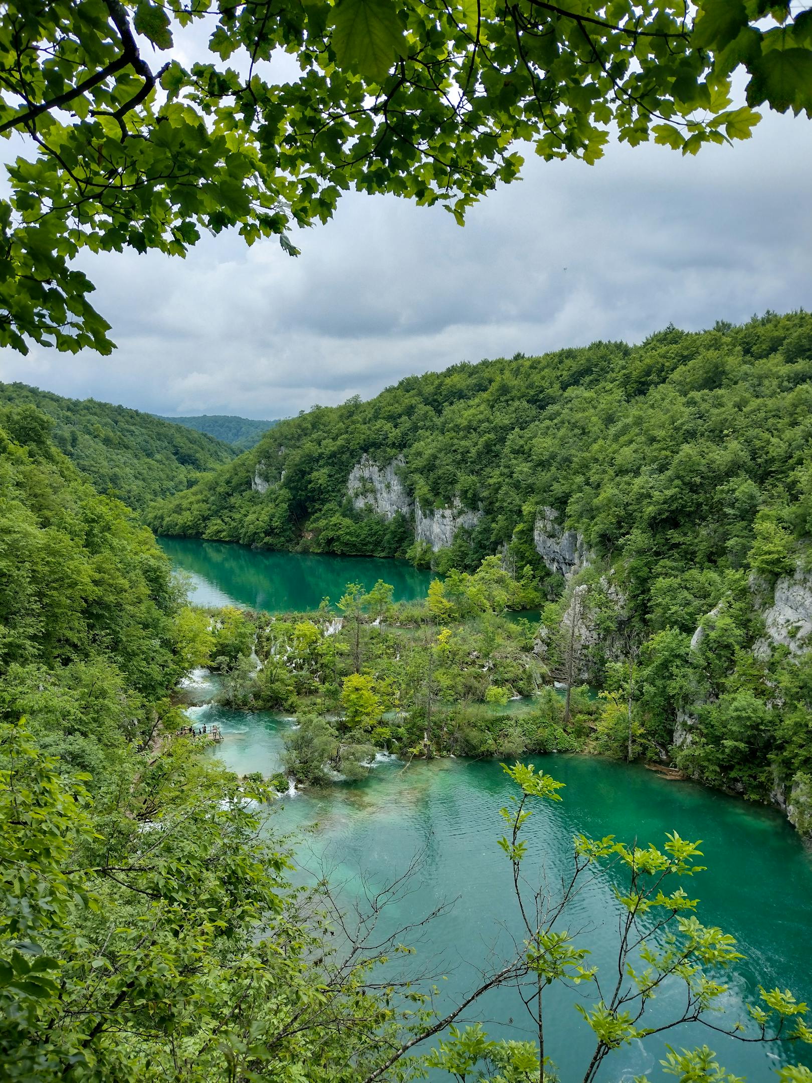 High angle view of Plitvice Lakes National Park's lush greenery and turquoise waters