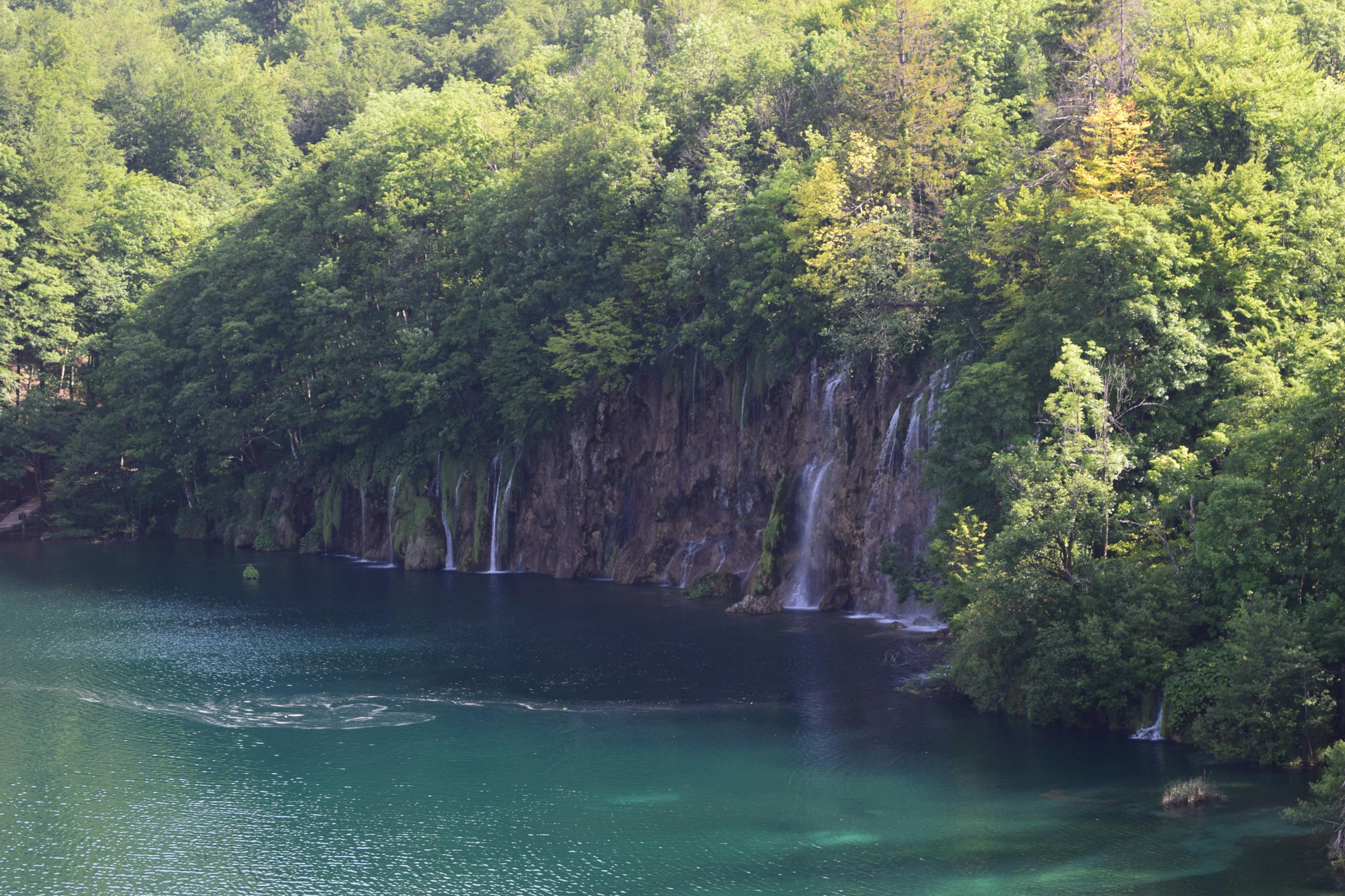 A serene view of cascading waterfalls and lush greenery in Croatia's Plitvice Lakes