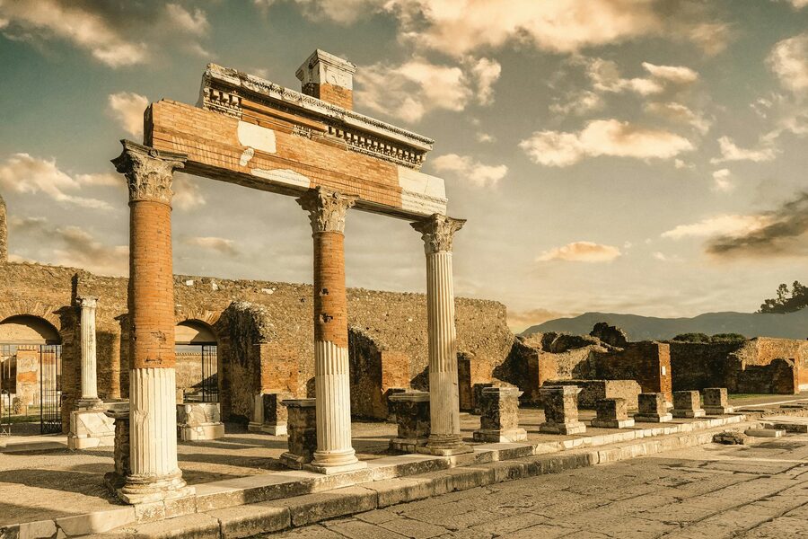 Ancient Roman ruins in Pompeii with dramatic sky
