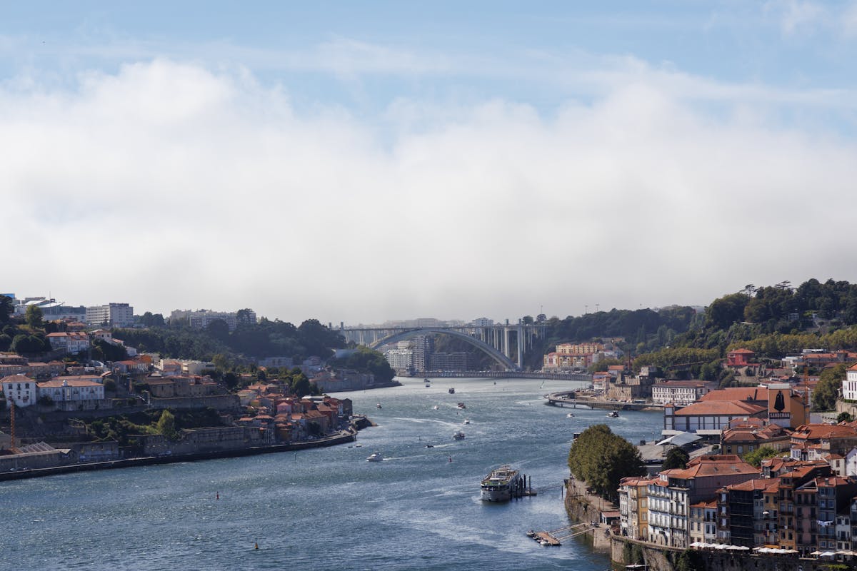Aerial view of the Douro River and Porto skyline from Vila Nova de Gaia