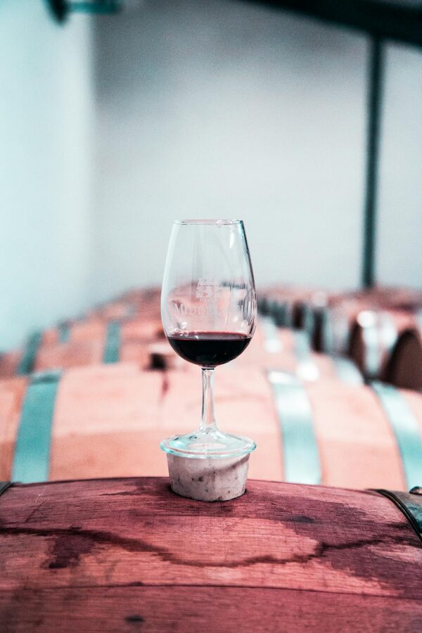 Glass of red wine on a wooden barrel in a wine cellar