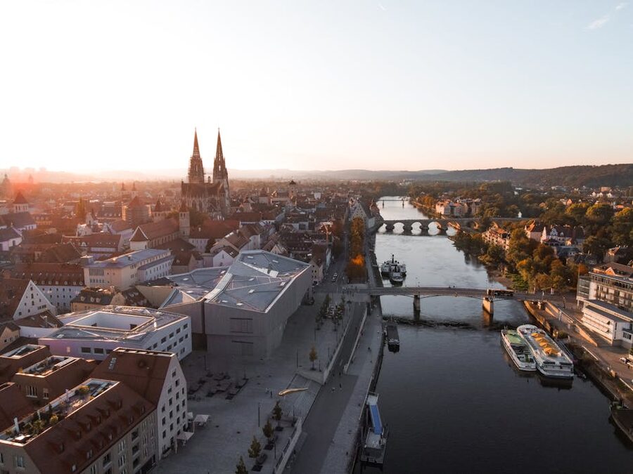Aerial view of Regensburg cityscape with the Danube