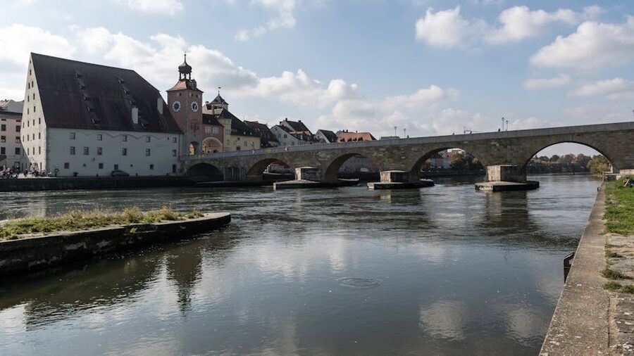 Iconic Stone Bridge over Danube River in Regensburg