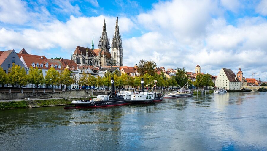 River view of Regensburg old town buildings