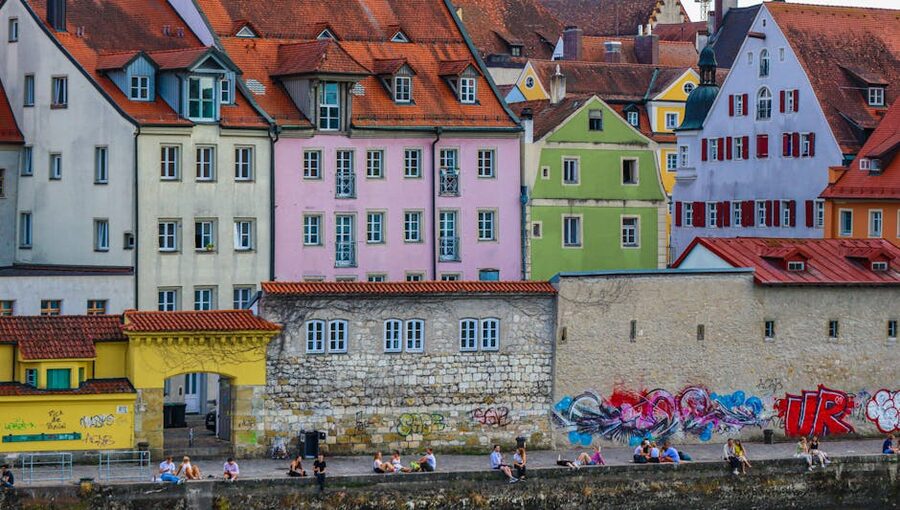 Traditional waterfront promenade in Regensburg